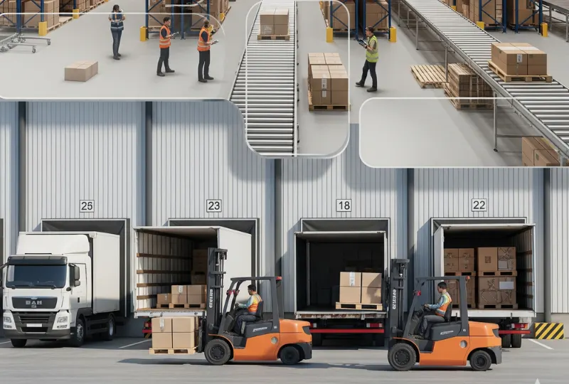 Two freight trucks at a large warehouse loading dock with pallets and containers, representing logistics and transport services in Australia.