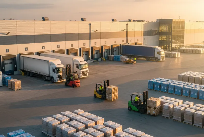 Two freight trucks at a large warehouse loading dock with pallets and containers, representing logistics and transport services in Australia.