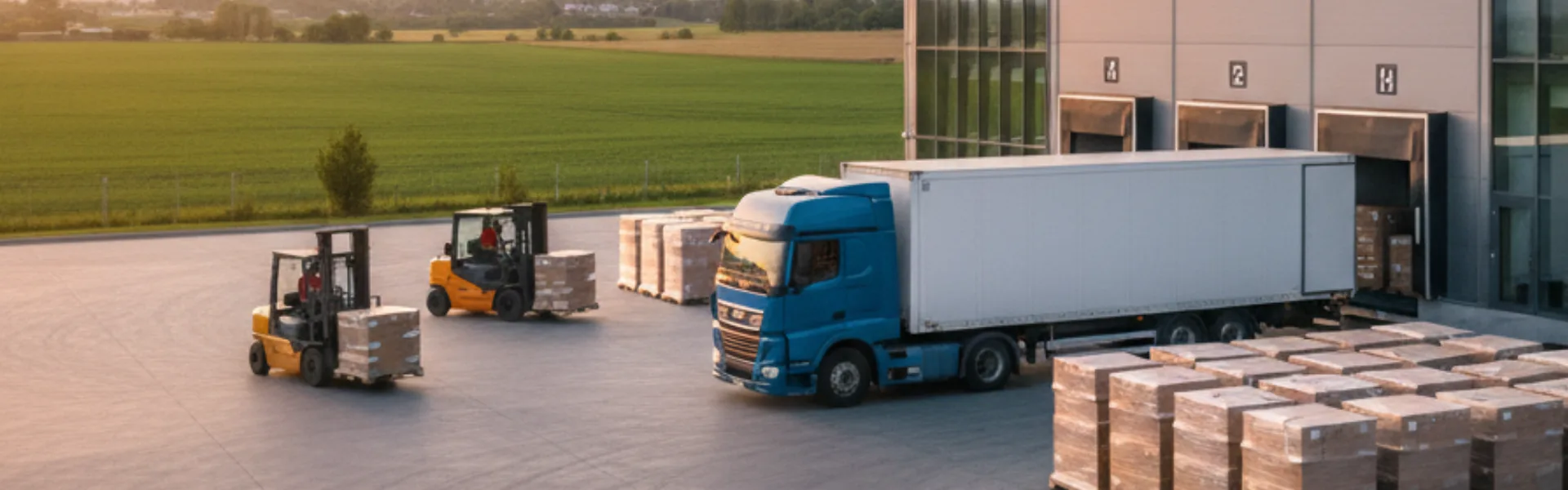 Blue freight truck being loaded at a warehouse dock with forklifts moving pallets, showcasing efficient logistics and freight services in Australia.