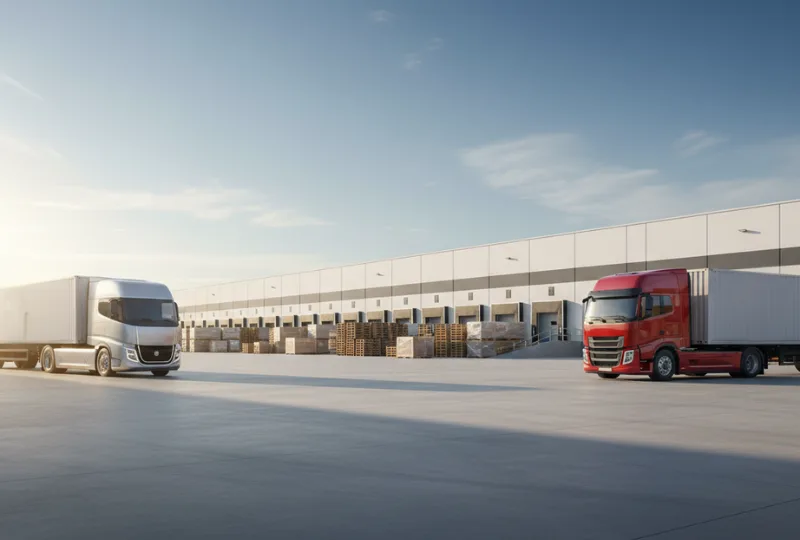 Two freight trucks at a large warehouse loading dock with pallets and containers, representing logistics and transport services in Australia.