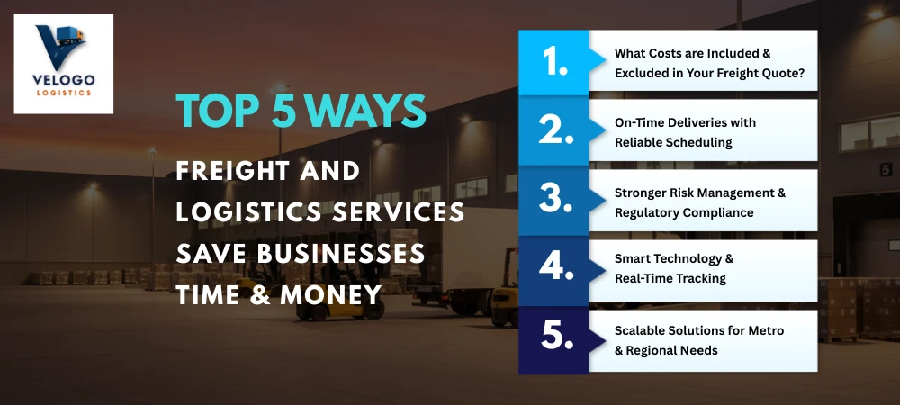 Infographic showing the top 5 ways freight and logistics services in Australia save businesses time and money, including transparent costs, on-time deliveries, risk management, real-time tracking, and scalable solutions.