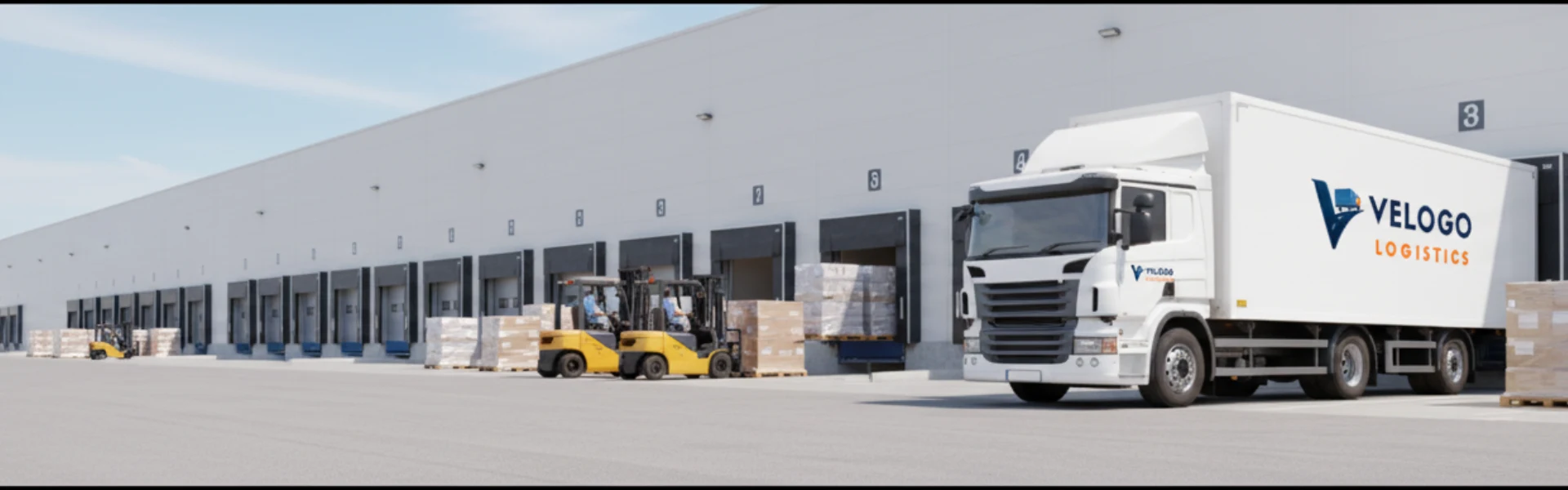 Logistics truck being loaded at a warehouse with forklifts moving pallets and goods at the loading docks.
